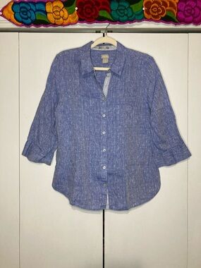 Chico's 100% Linen Size 2 Large Blue Coastal Button-Down Shirt 3/4 Sleeves Soft
